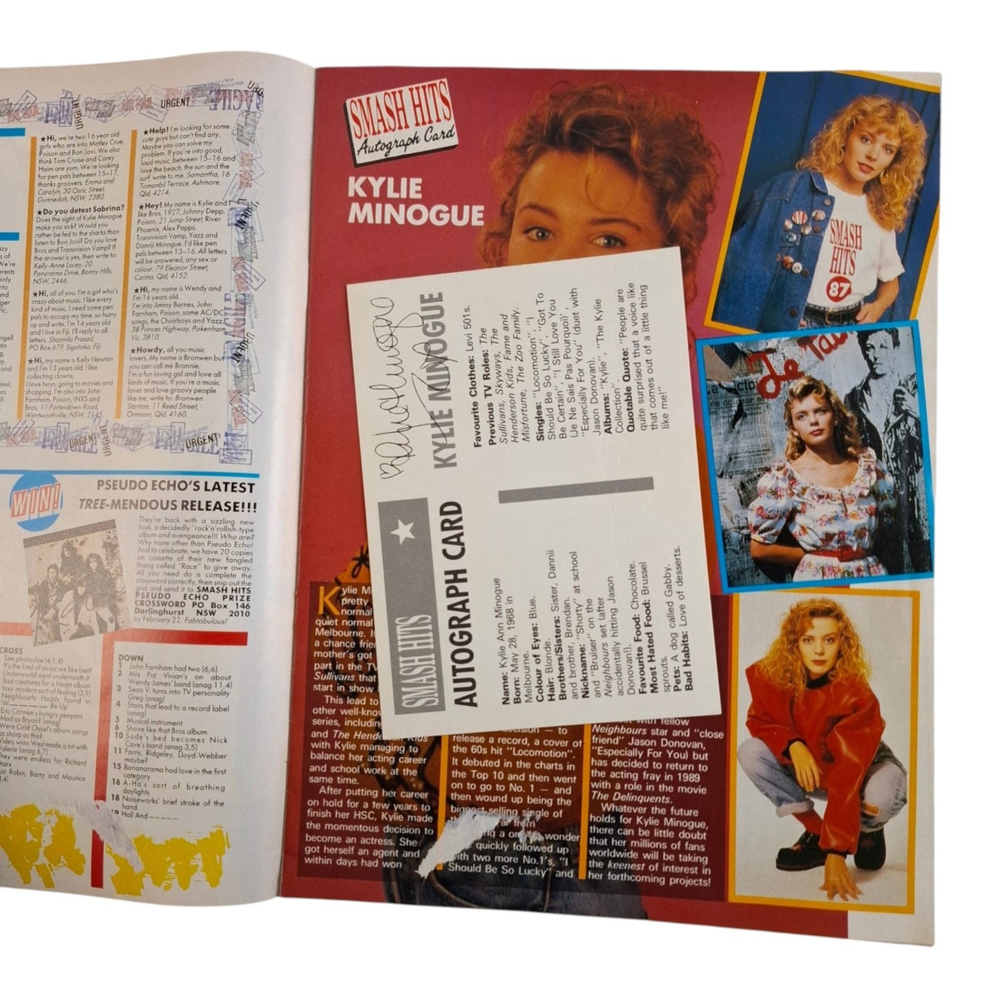 Smash Hits Magazine Australia March 1989 Tom Crusie Kylie Minogue Autograph CARD