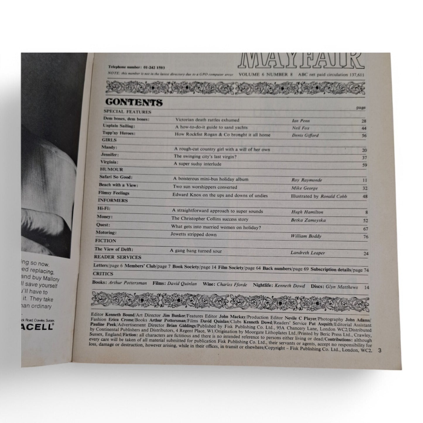 Mayfair Magazine Vol. 6 No. 8 August 1971 U.K Playboy Jennifer Saunders